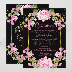 Quinceanera Pink Pretty Country Floral Gold Black Invitation