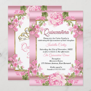 Quinceanera Pink Pretty Country Floral Gold Invitation