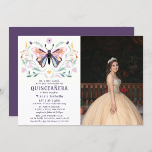 Quinceañera Pink Purple Butterfly Photo Floral Invitation