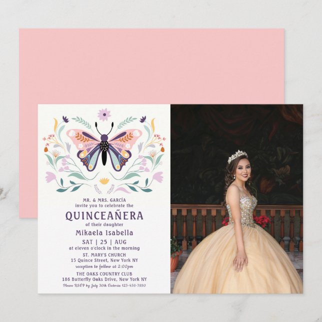 Quinceañera Pink Purple Butterfly Photo Floral Invitation (Front/Back)