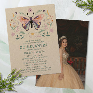 Quinceañera Pink Purple Butterfly Photo Floral Invitation