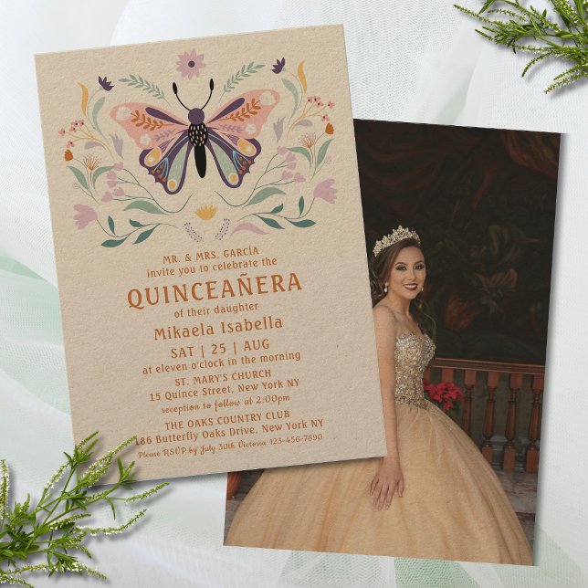 Quinceañera Pink Purple Butterfly Photo Floral Invitation (Creator Uploaded)