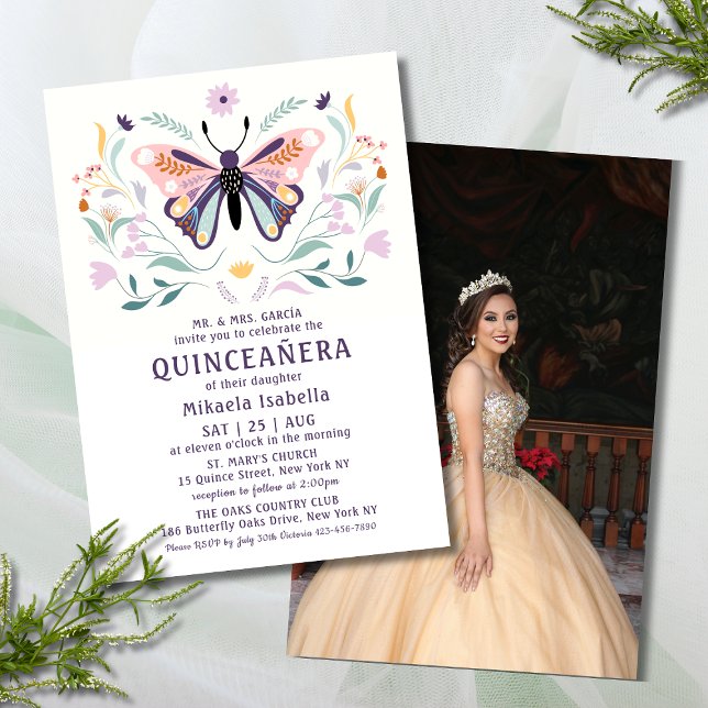 Quinceañera Pink Purple Butterfly Photo Floral  Invitation (Creator Uploaded)
