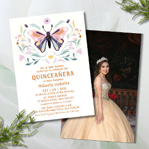 Quinceañera Pink Purple Butterfly Photo Floral Invitation
