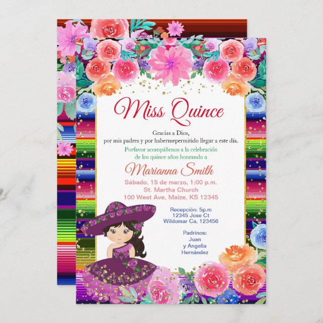 Quinceanera Pink Purple Fiesta Floral Miss Quince Invitation (Front/Back)