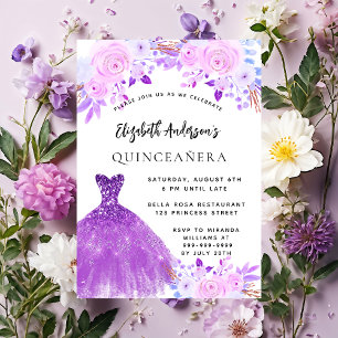 Quinceanera pink purple flowers dress invitation