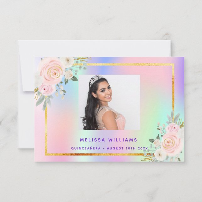 Quinceanera pink purple photo rainbow floral thank you card (Back)