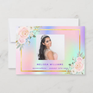 Quinceanera pink purple photo rainbow floral thank you card