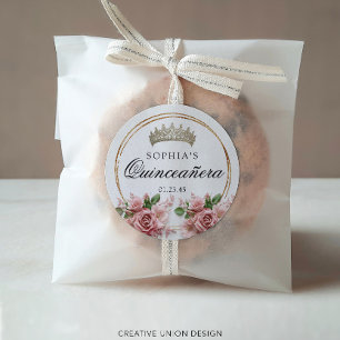Quinceañera Pink Rose Crown Birthday Favours Classic Round Sticker