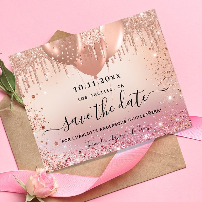 Quinceanera pink rose gold budget save the date flyer (Creator Uploaded)