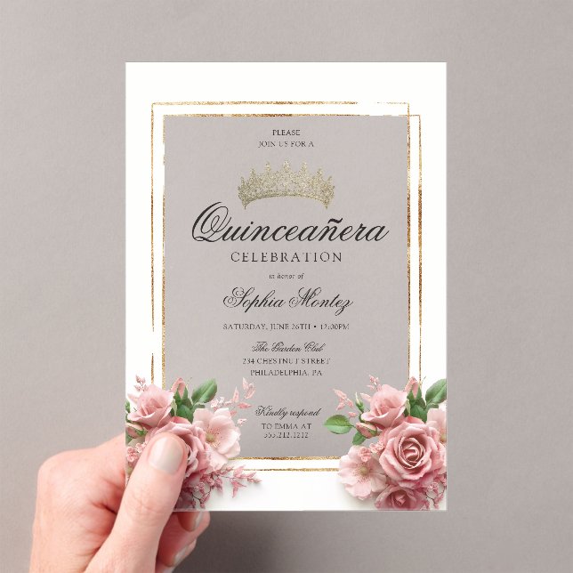 Quinceañera Pink Rose Gold Crown Acrylic Invitations (Insitu (Handheld))