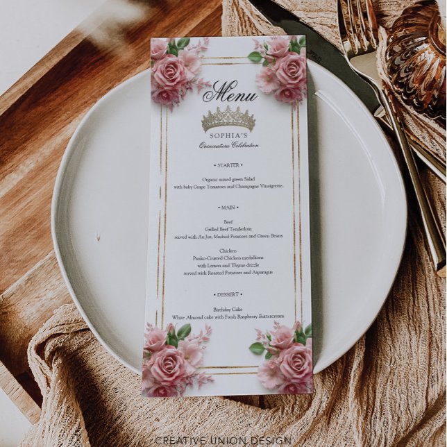 Quinceañera Pink Rose Gold Frame 15th Birthday Menu (Creator Uploaded)