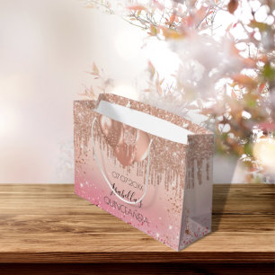 Quinceanera pink rose gold glitter drip balloons large gift bag