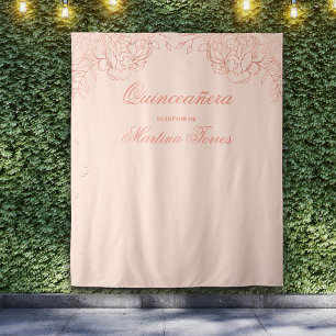 Quinceanera Pink Rose Gold Photo Booth Backdrop Tapestry