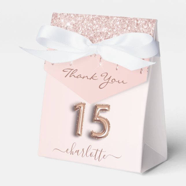 Quinceanera pink rose gold thank you favour box (Front Side)