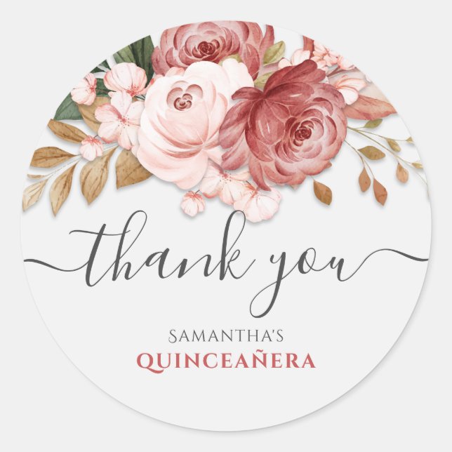 Quinceanera Pink Roses Floral 15th Birthday Classic Round Sticker (Front)