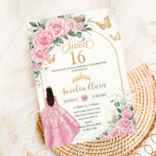 Quinceañera Pink Roses Floral Brunette Girl Gold Invitation