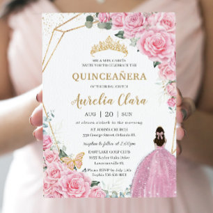 Quinceañera Pink Roses Floral Gold Princess Crown Invitation