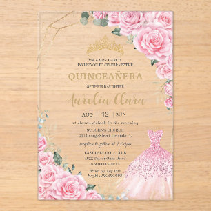 Quinceanera Pink Roses Floral Princess Dress Gown Acrylic Invitations