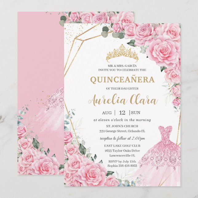 Quinceanera Pink Roses Floral Princess Dress Gown Invitation (Front/Back)