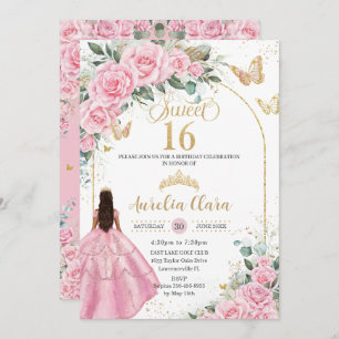 Quinceañera Pink Roses Floral Tan Brown Girl Gold Invitation