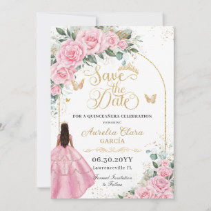 Quinceañera Pink Roses Floral Tan Brown Girl Gold Save The Date