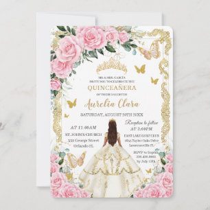 Quinceañera Pink Roses Floral White Dress Princess Invitation
