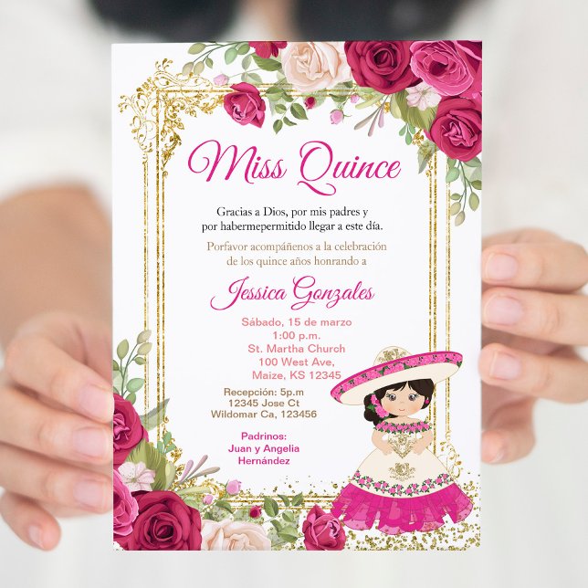 Quinceanera Pink Roses Mexican Miss Quince Invite (Creator Uploaded)