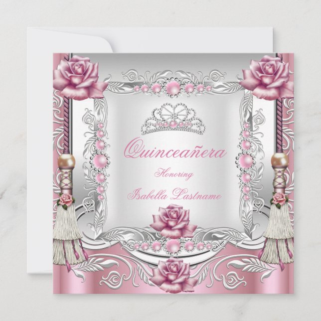 QUINCEANERA Pink Roses Tassels Silver Tiara Invitation (Front)