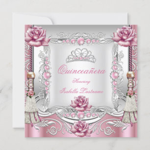 QUINCEANERA Pink Roses Tassels Silver Tiara Invitation