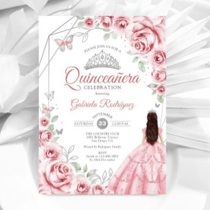 Quinceanera Pink Silver Dress Floral Invitation
