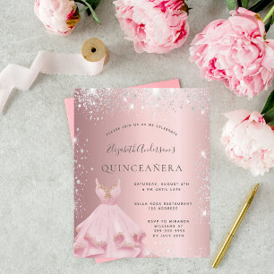 Quinceanera pink silver dress invitation