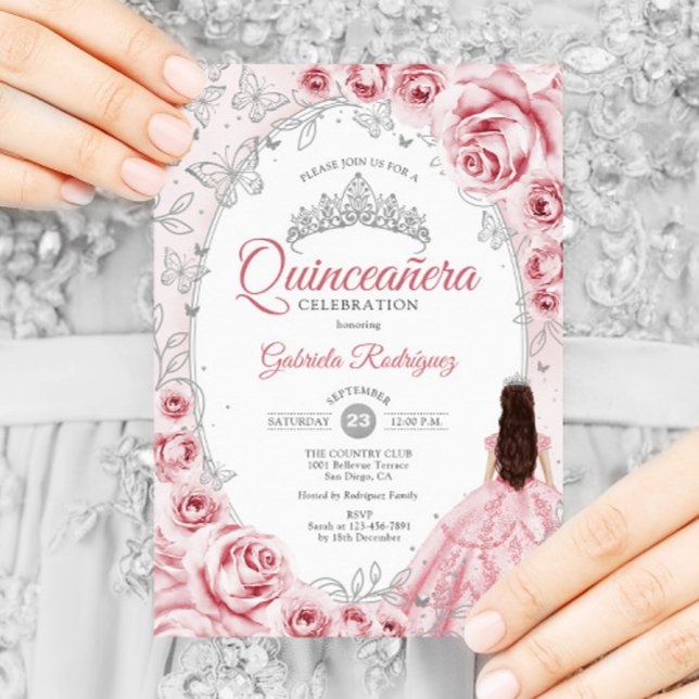 Quinceanera Pink Silver Floral Invitation (Creator Uploaded)