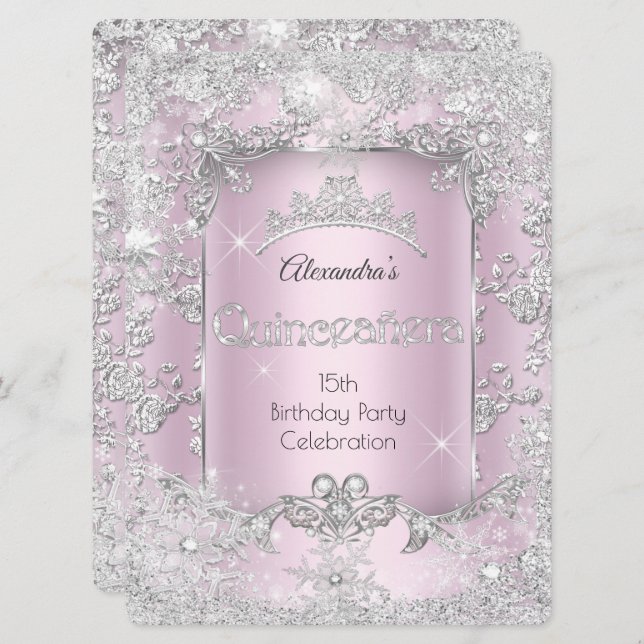 Quinceanera Pink Silver Tiara Winter Wonderland Invitation (Front/Back)