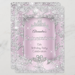 Quinceanera Pink Silver Tiara Winter Wonderland Invitation