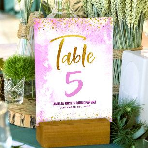 Quinceañera Pink Watercolor Gold Script Glitter Table Number