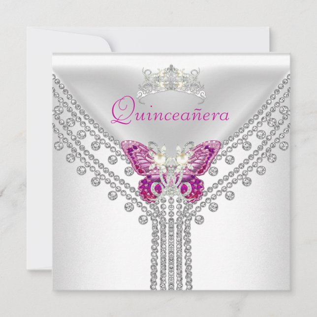 Quinceañera Pink White Butterfly Diamond 2 Invitation (Front)