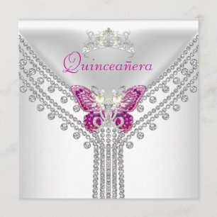 Quinceañera Pink White Butterfly Diamond 2 Invitation