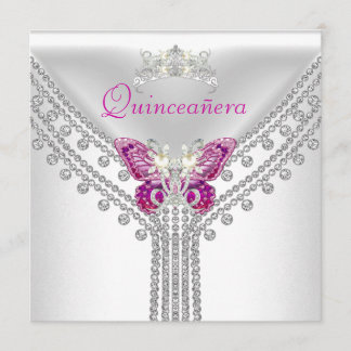 Quinceañera Pink White Butterfly Diamond 2 Invitation