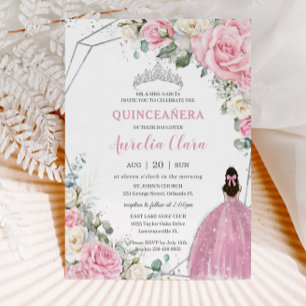 Quinceañera Pink White Floral Silver 16th Birthday Invitation