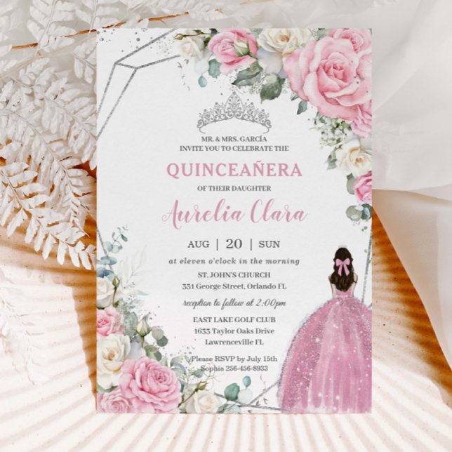 Quinceañera Pink White Floral Silver 16th Birthday Invitation (Creator Uploaded)