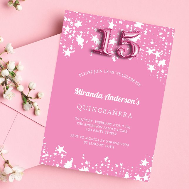 Quinceanera pink white stars girl invitation (Creator Uploaded)