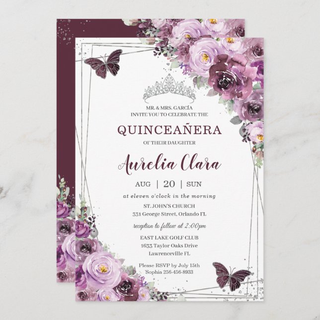Quinceañera Plum Mauve Floral Butterflies Silver Invitation (Front/Back)
