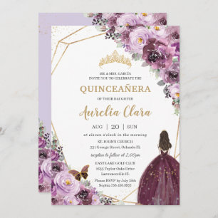 Quinceañera Plum Mauve Purple Floral Gold Princess Invitation