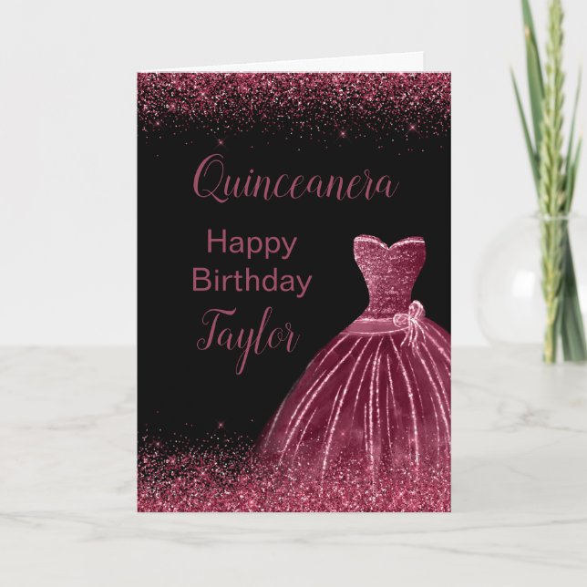 Quinceanera Plum Purple Dress Faux Glitter Card (Front)