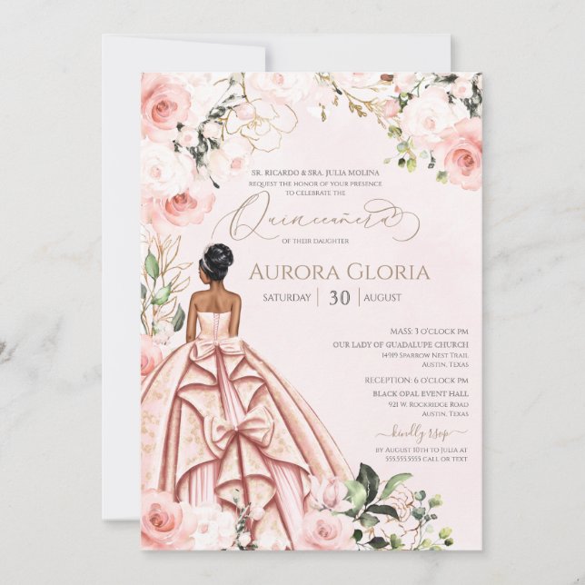 Quinceanera Pretty Pink Beautiful Blush Rose 15th Invitation (Front)