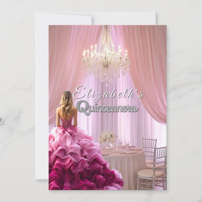 Quinceanera Pretty Pink Gown Chandelier Crown Invitation (Front)