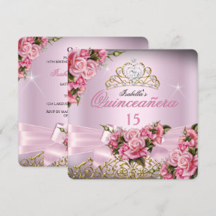 Quinceanera Pretty Pink Roses Tiara 15th Birthday Invitation