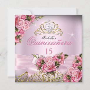 Quinceanera Pretty Pink Roses Tiara 15th Birthday Invitation