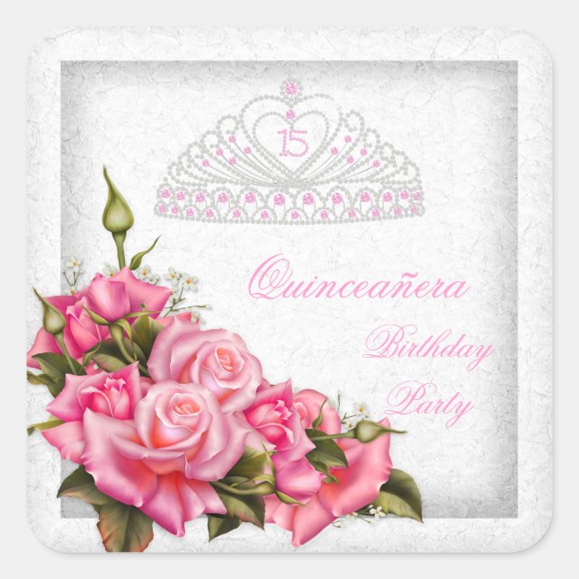 Quinceanera Pretty Pink Roses White 15th Party Square Sticker (Front)